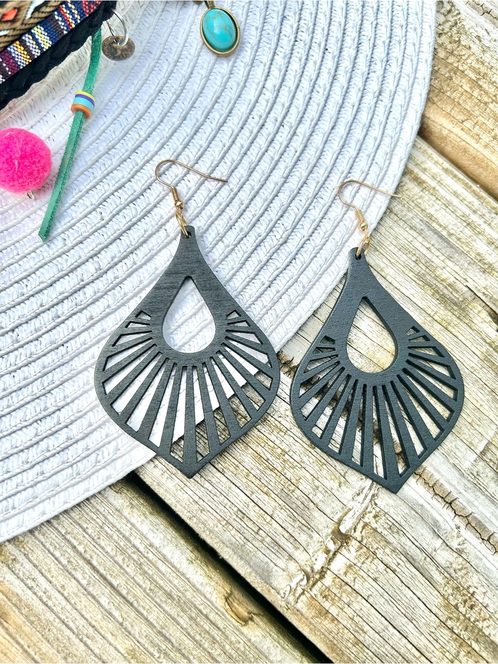 Black Openwork Teardrop Dangle Earrings - Women Jewelry